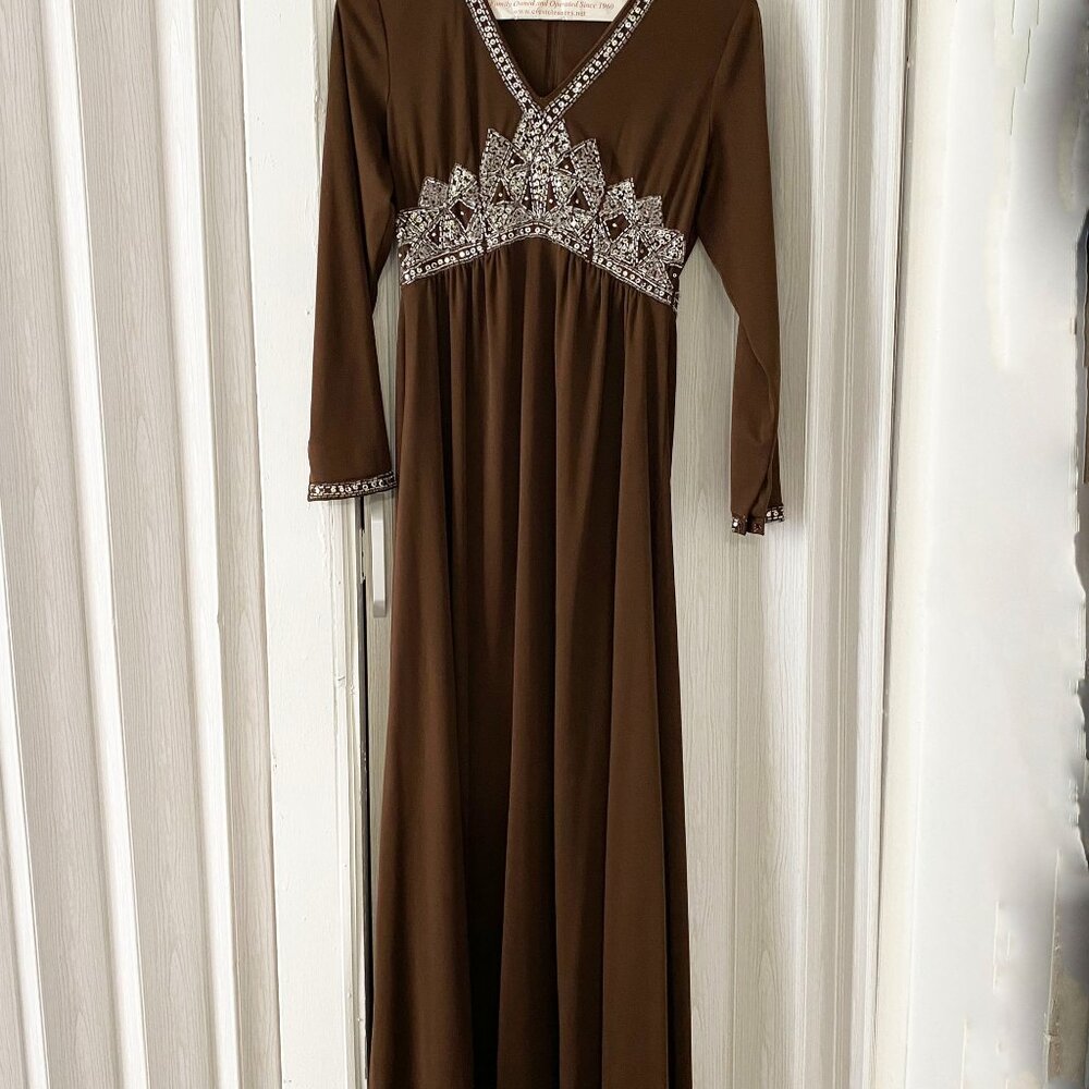 Vintage Long Sleeve Formal Dress - Beads Sequins - Homecoming Prom Gown, size 16